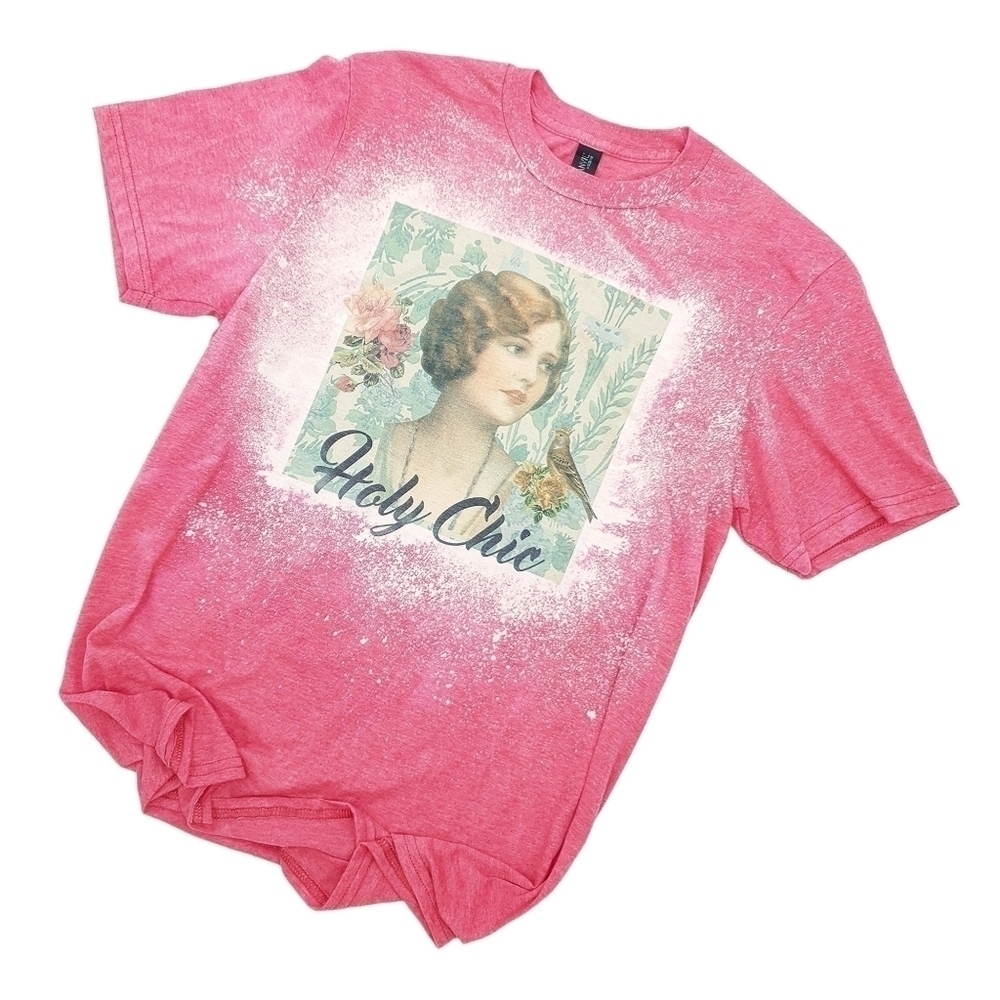 Holy Chic Bleached Sublimation Red T Shirt Homemade Unique One of a Kind Medium
